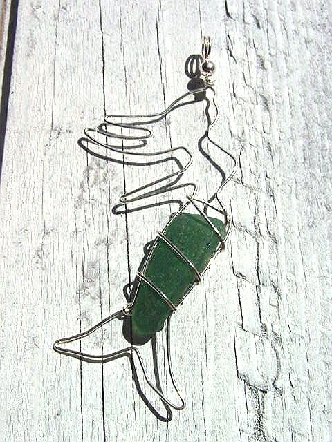 Mermaid sea glass pendant 925 silver 89 mm length