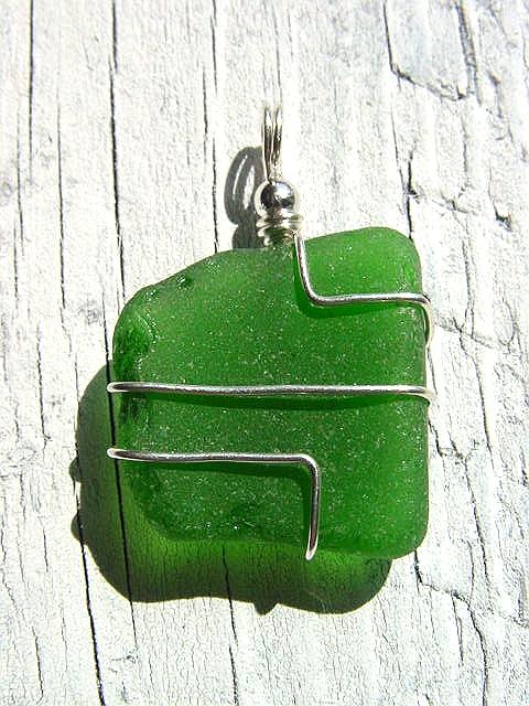 Sea glass pendant geometrical 925 silver 40 mm length