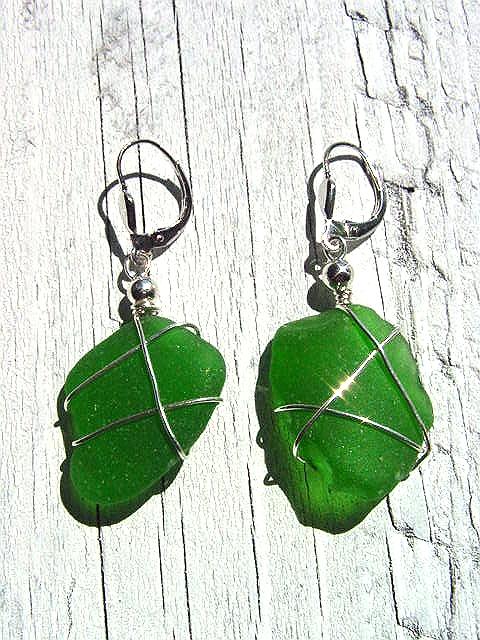 Sea glass earrings 925 silver 46 mm total length