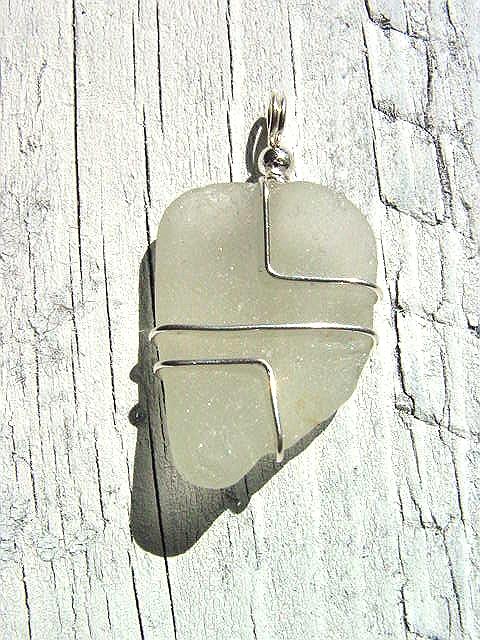 Sea glass pendant geometrical 925 silver 44 mm length