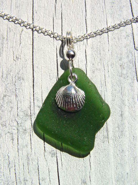 Seashell sea glass pendant 925 silver 38 mm length