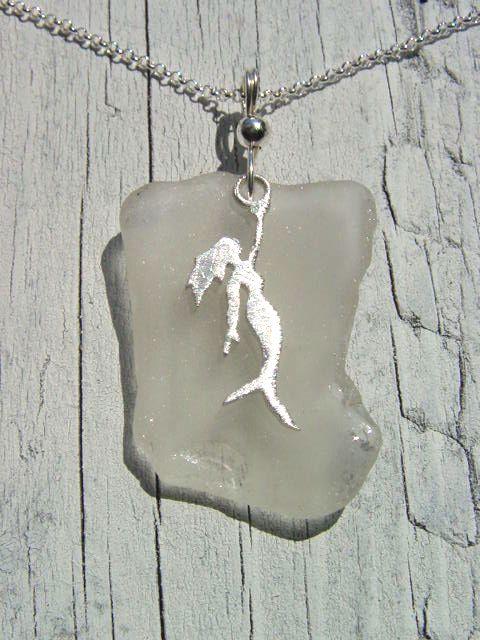 Mermaid sea glass pendant 925 silver 50 mm length