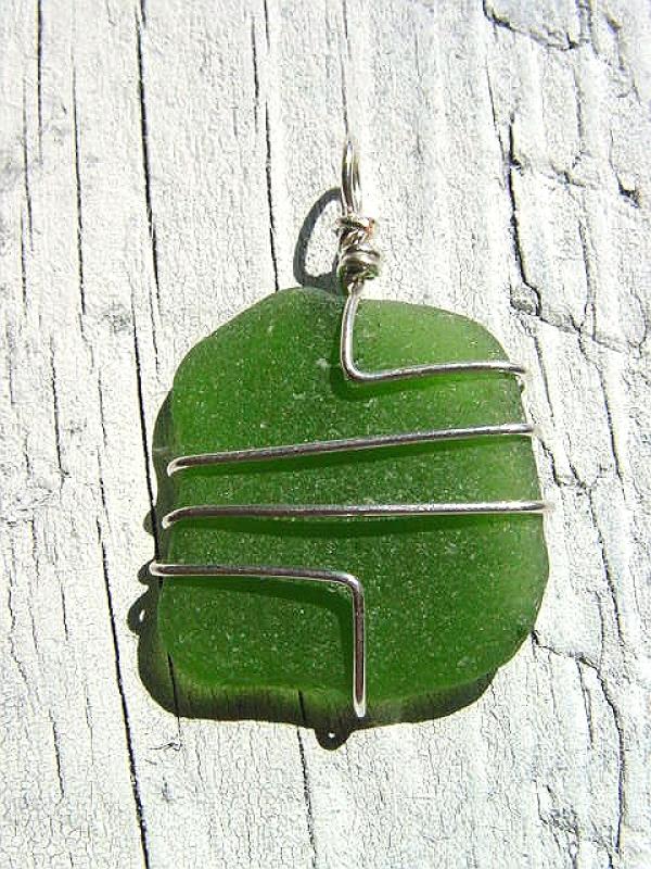 Sea glass pendant geometrical 925 silver 39 mm length