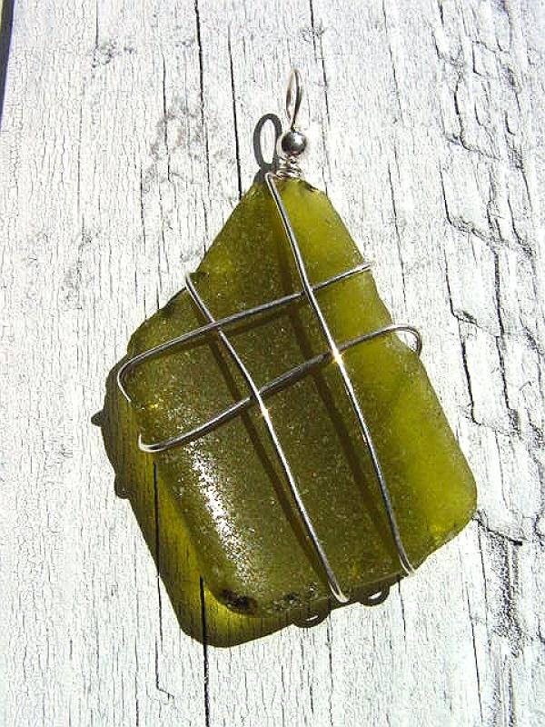 Sea glass pendant 925 silver 61 mm length