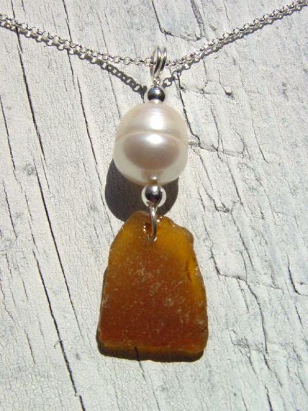 Sea glass pendant with pearl 925 silver 48 mm length