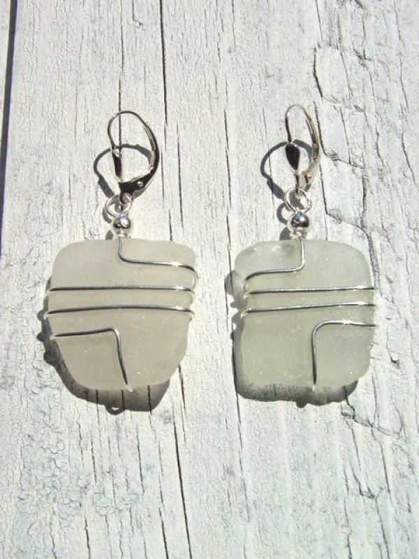 Sea glass earrings geometric 925 silver 47 mm total length