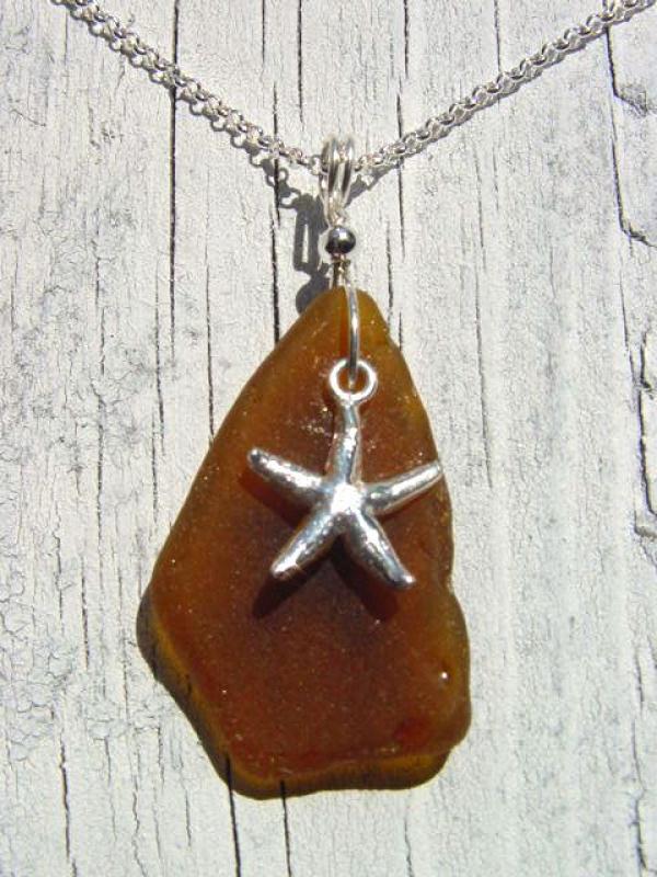 Starfish sea glass pendant 925 silver 43 mm length