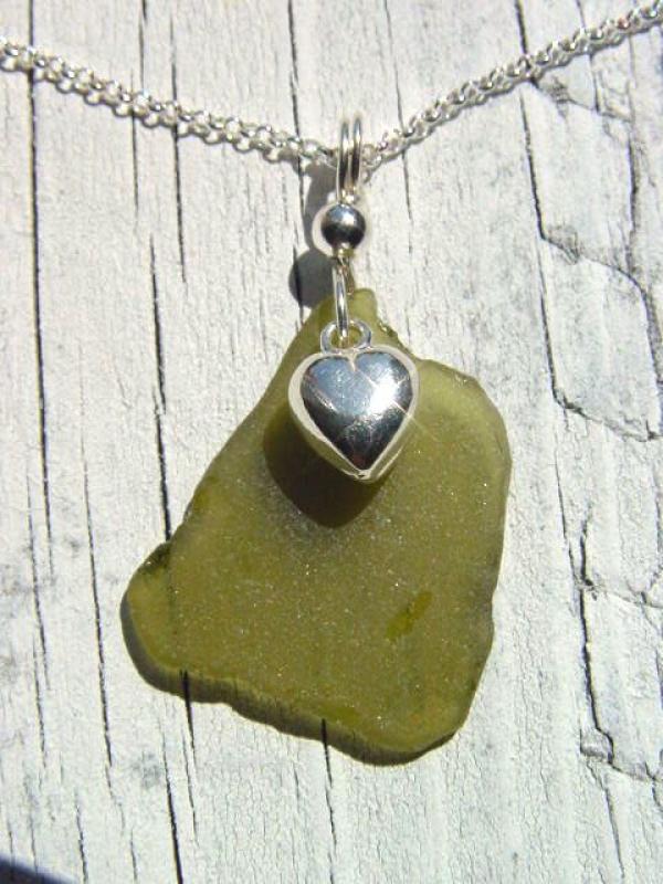 Heart sea glass pendant 925 silver 40 mm length