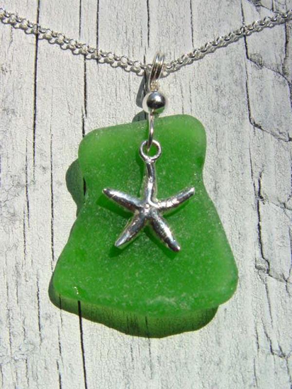 Starfish sea glass pendant 925 silver 41 mm length