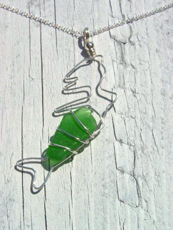 Mermaid sea glass pendant 925 silver 59 mm length