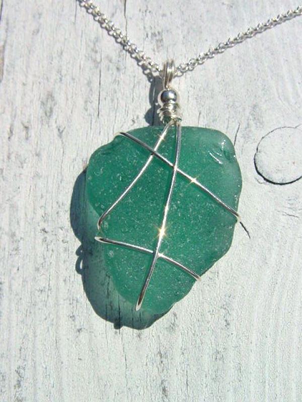 Sea glass pendant 925 silver 46 mm length